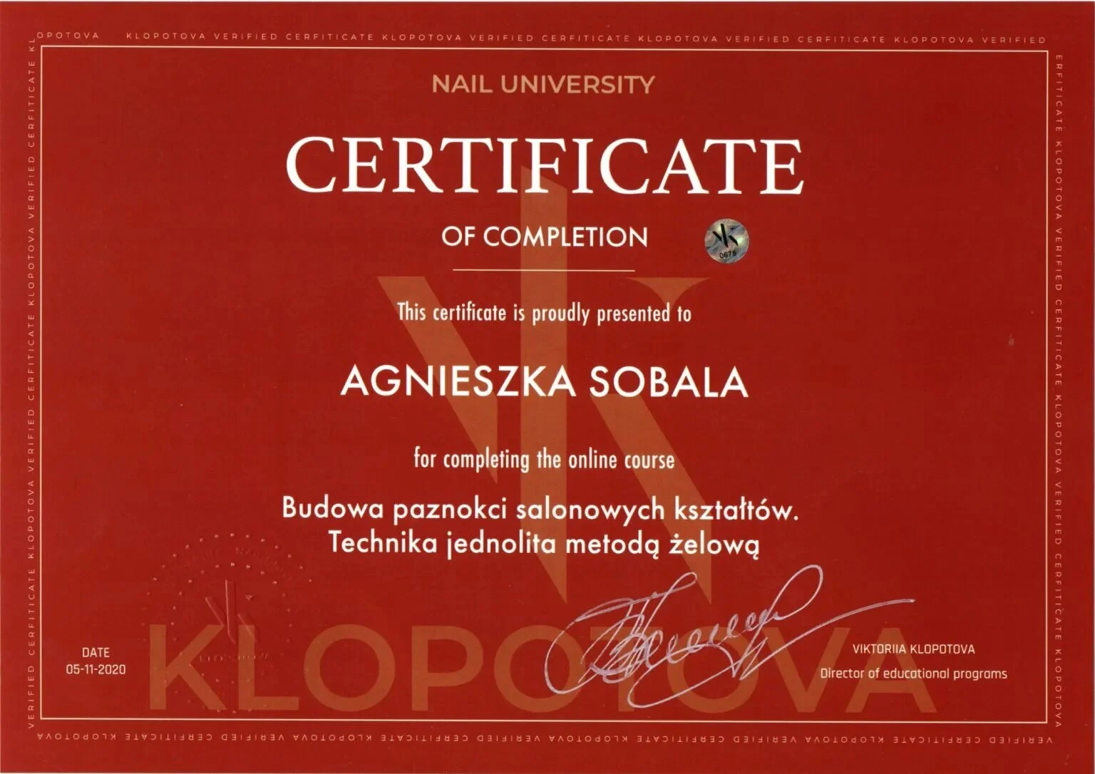 Professional nail training certificate 3, Agnes Sobala, Womanity