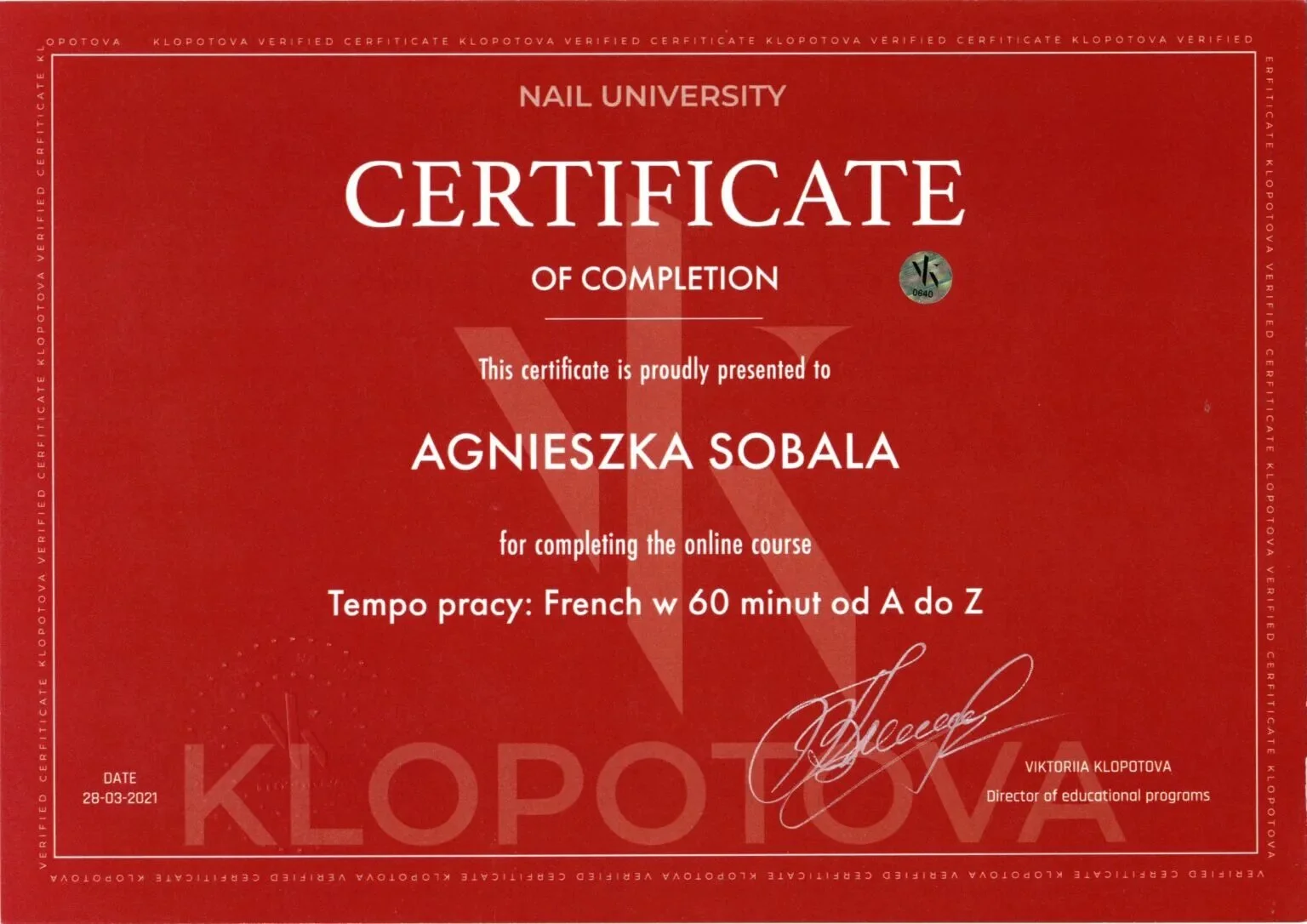 Professional nail training certificate 4, Agnes Sobala, Womanity