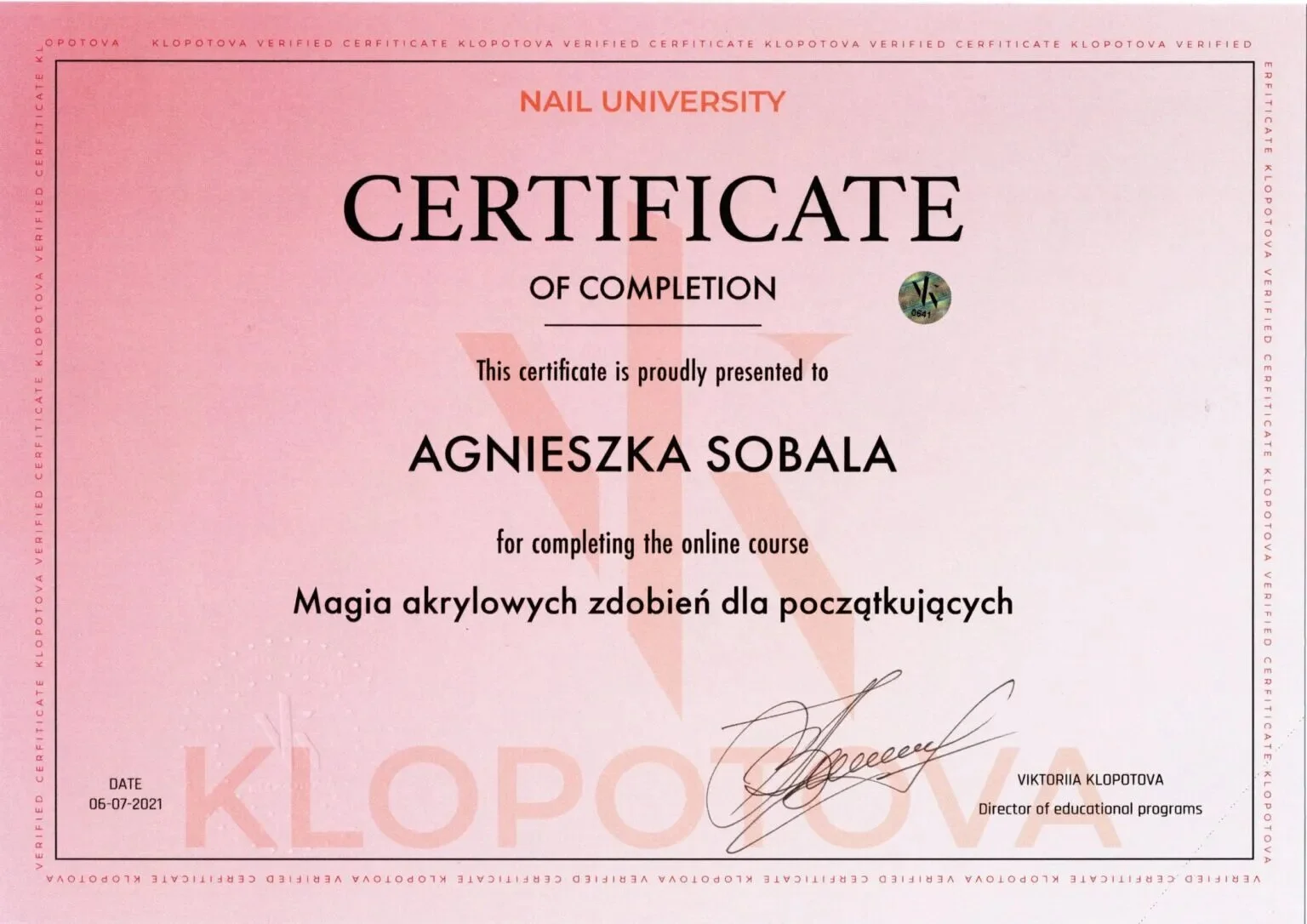 Professional nail training certificate 5, Agnes Sobala, Womanity