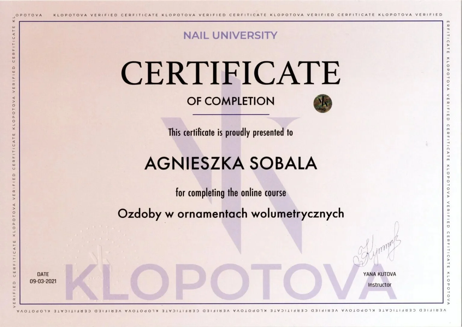 Professional nail training certificate 6, Agnes Sobala, Womanity