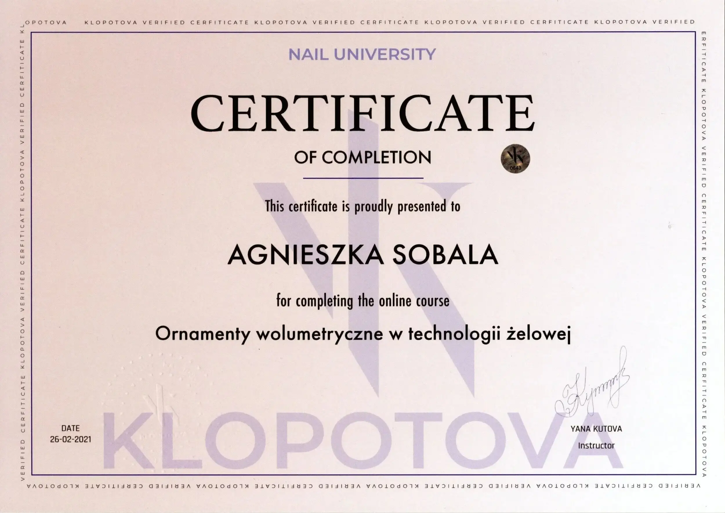 Professional nail training certificate 7, Agnes Sobala, Womanity