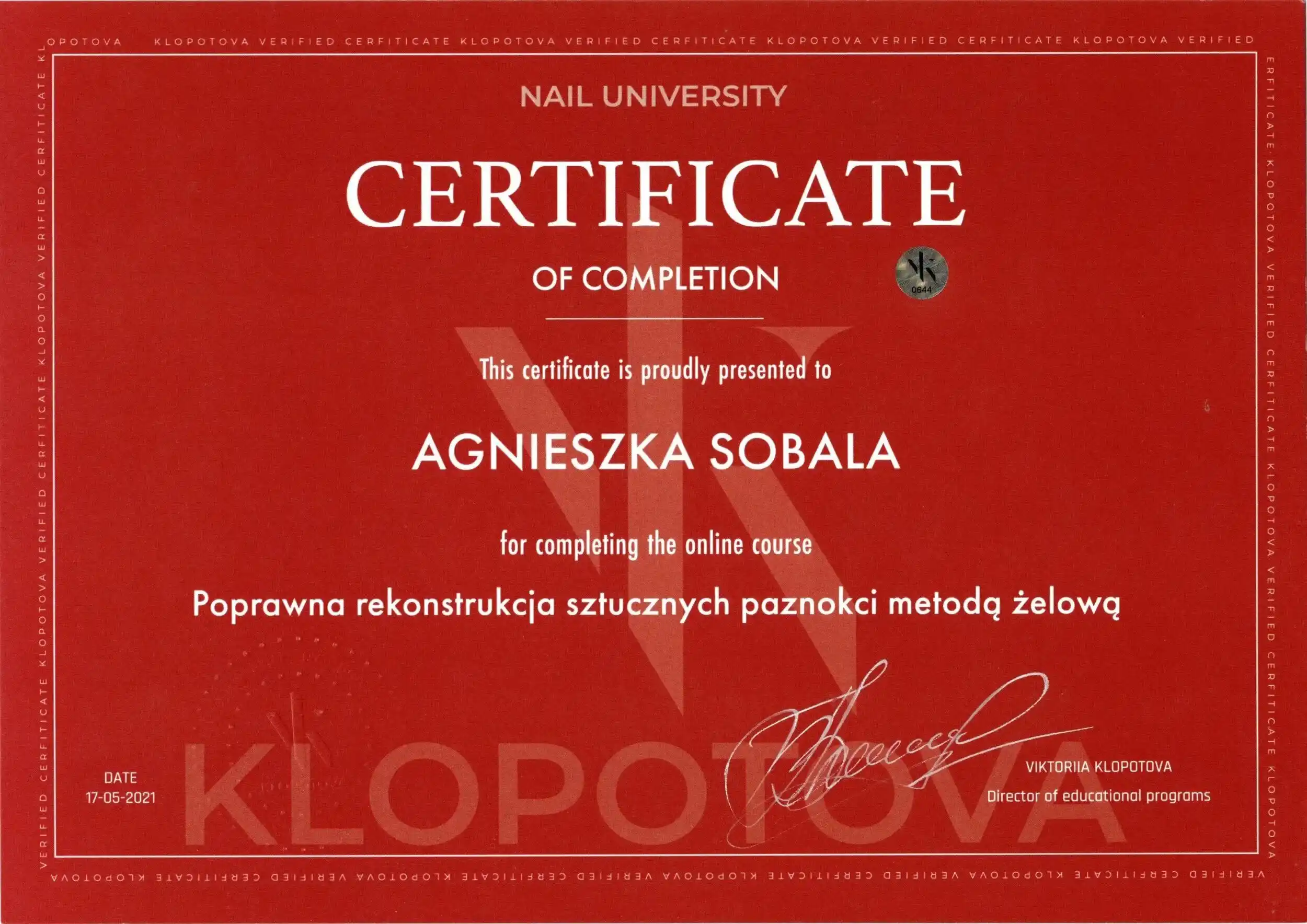 Professional nail training certificate 8, Agnes Sobala, Womanity