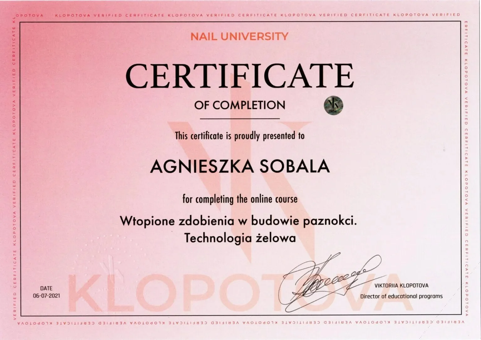 Professional nail training certificate 9, Agnes Sobala, Womanity