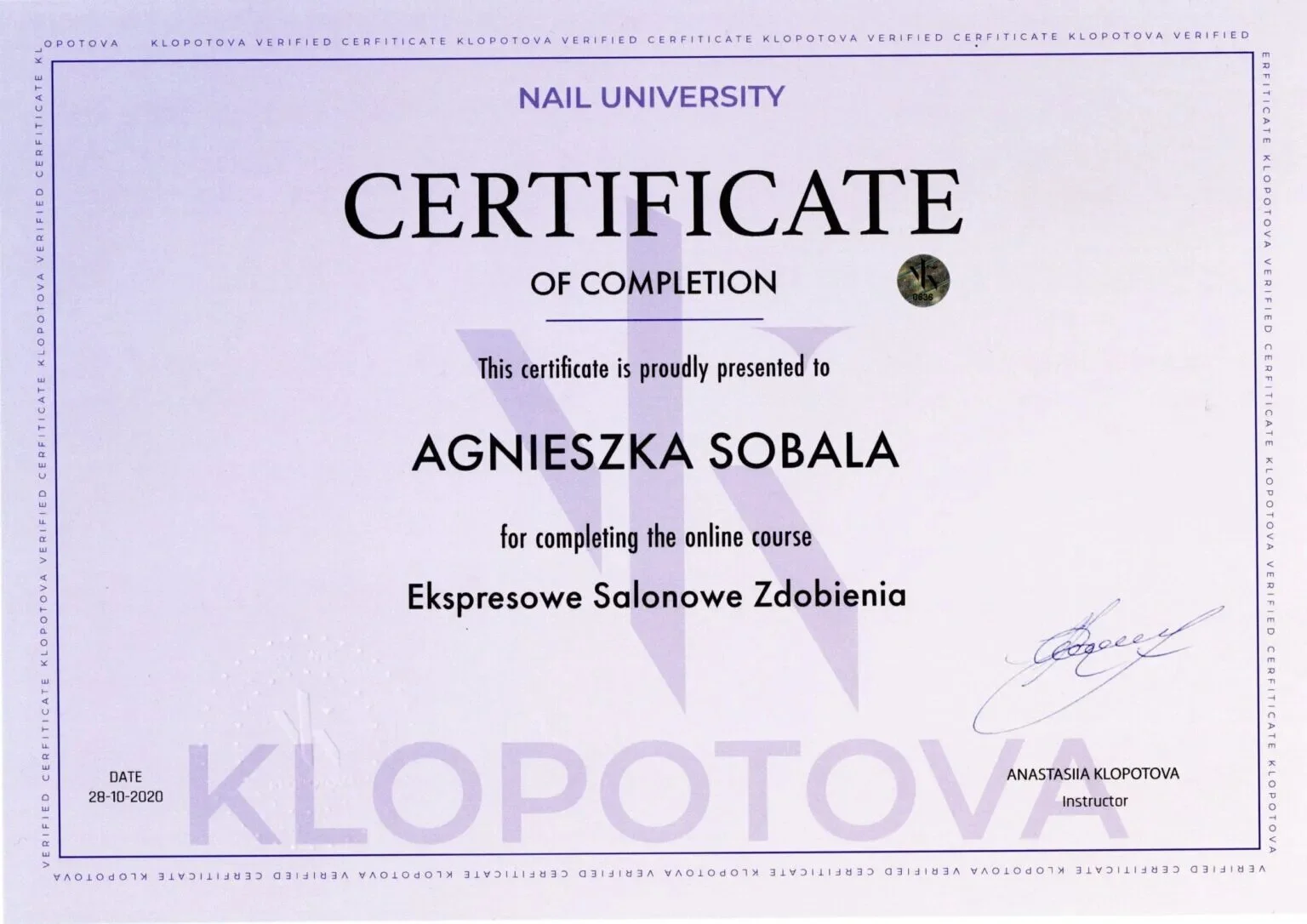 Professional nail training certificate 10, Agnes Sobala, Womanity