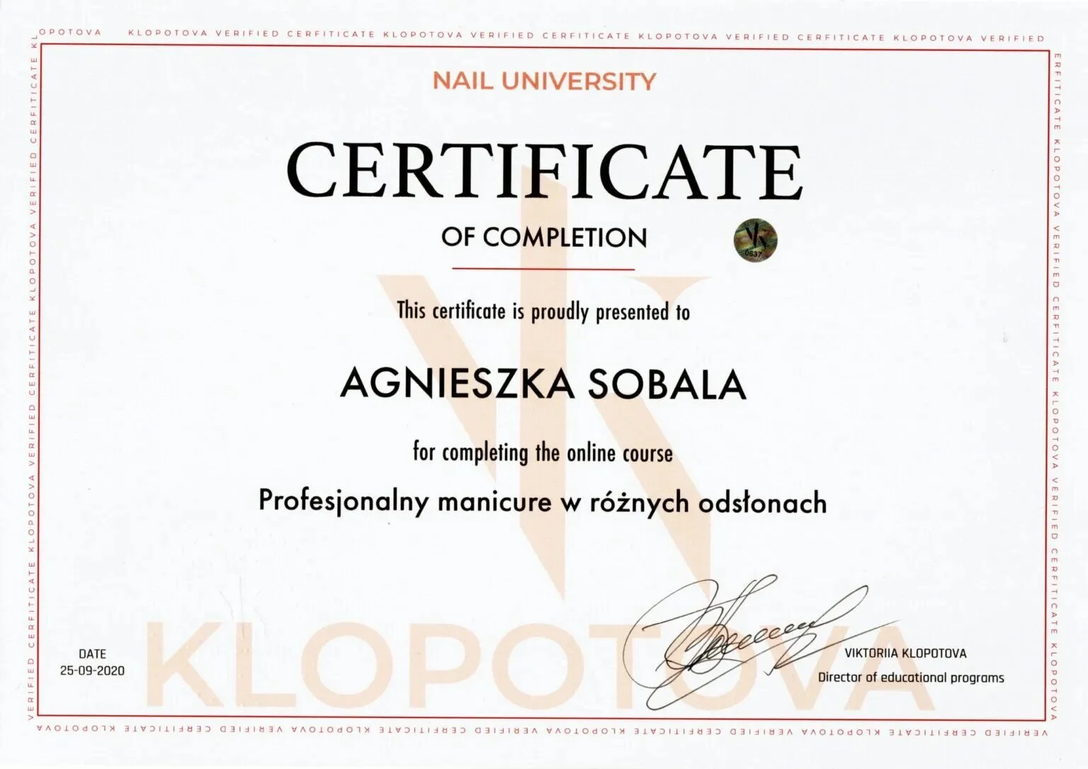 Professional nail training certificate 11, Agnes Sobala, Womanity