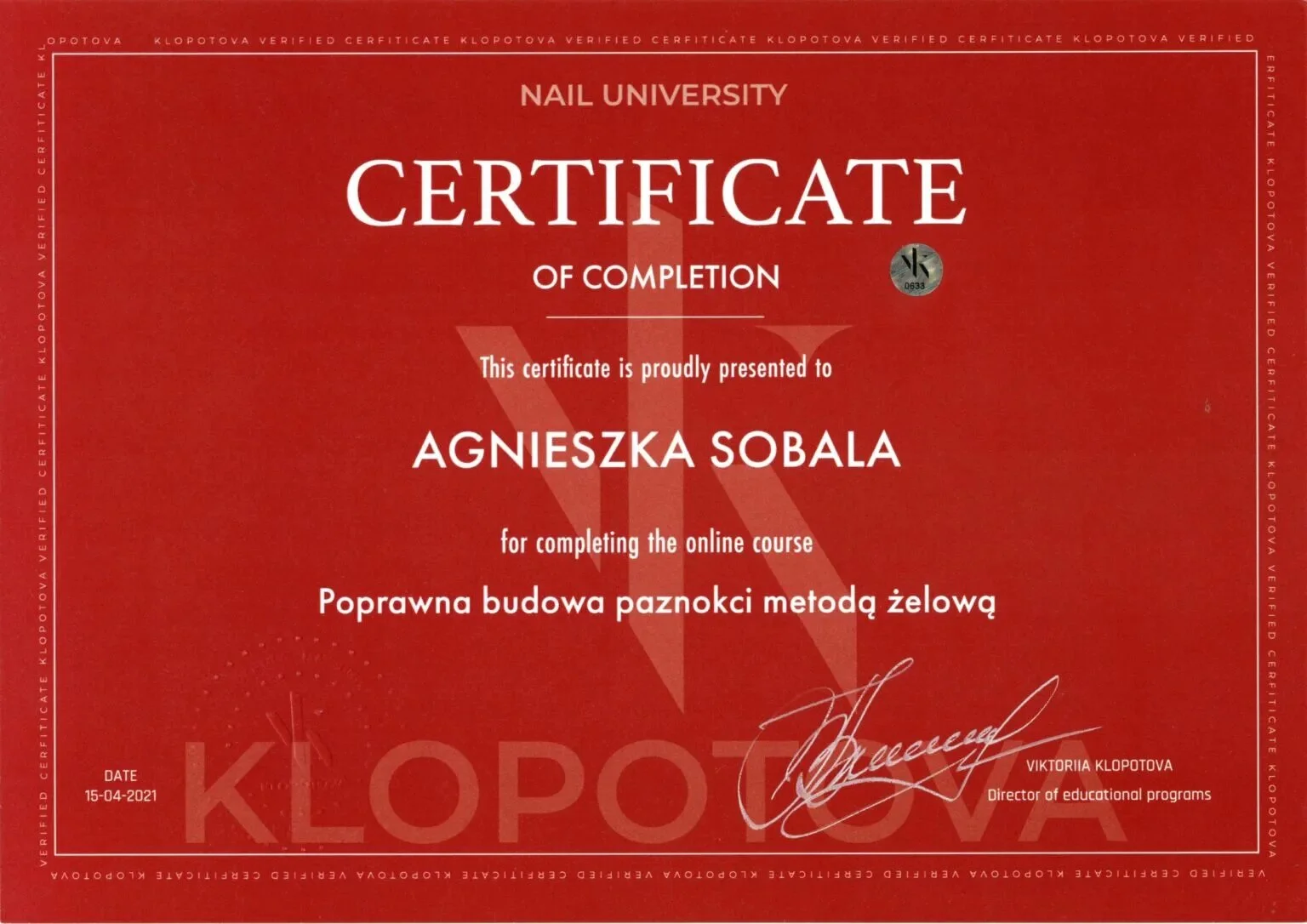 Professional nail training certificate 12, Agnes Sobala, Womanity